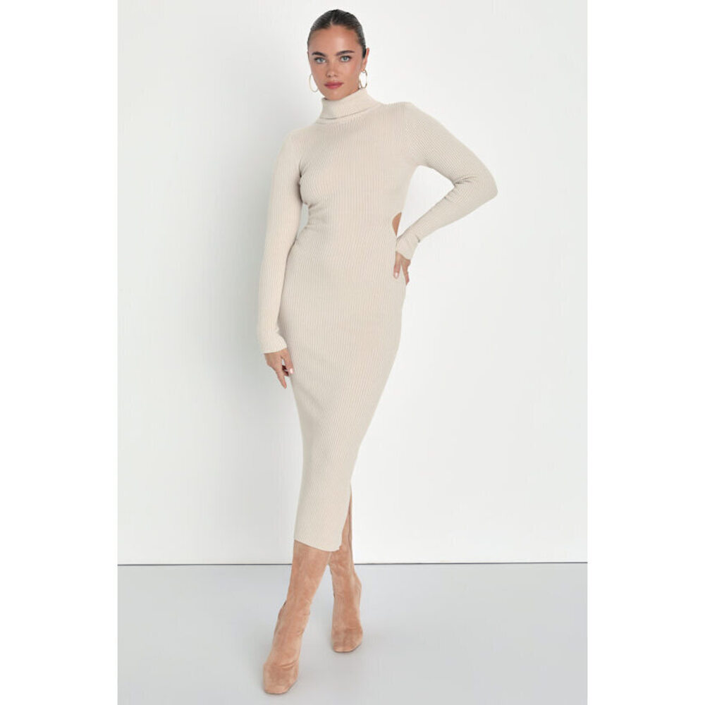 NWT Lulus Excellent Essence Beige Ribbed Cutout Midi Sweater Dress - Size S